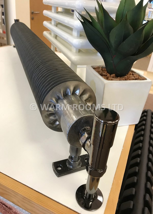 Tempora Cultivator 1000mm Length shown with Black Nickel radiator valves and finished in Lacquered Bare Metal